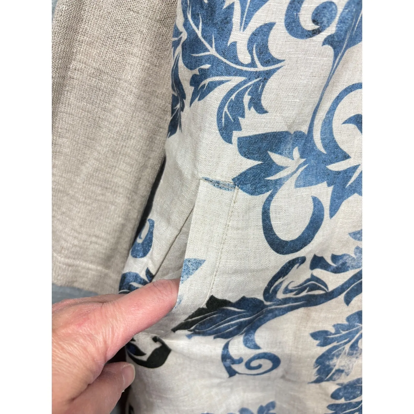 iLinen Dress S 100% Linen Floral Print Long Sleeve Tunic Blue Floral Natural Tan - Image 4