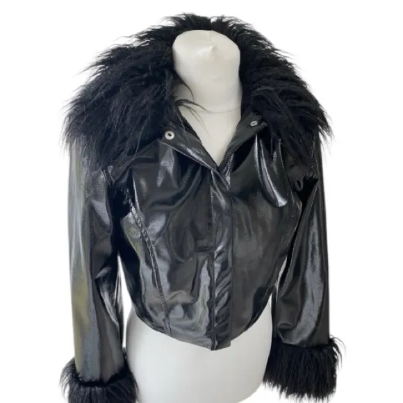 Divided  Black patten Leather cropped Jacket with Faux Fur Trim - Image 5