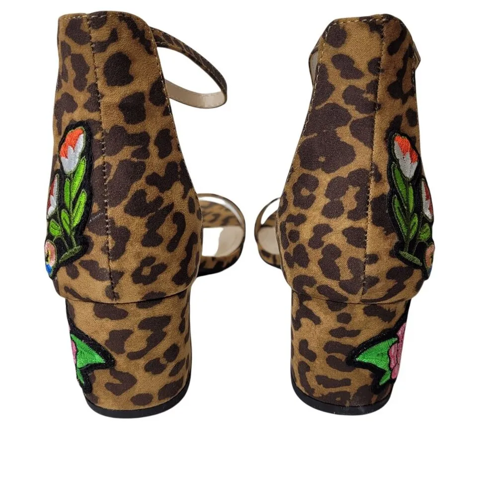 City Classified Women's Leopard Print Block Heel Floral Embroidered Sandals Brown Size 7.5 - Image 3
