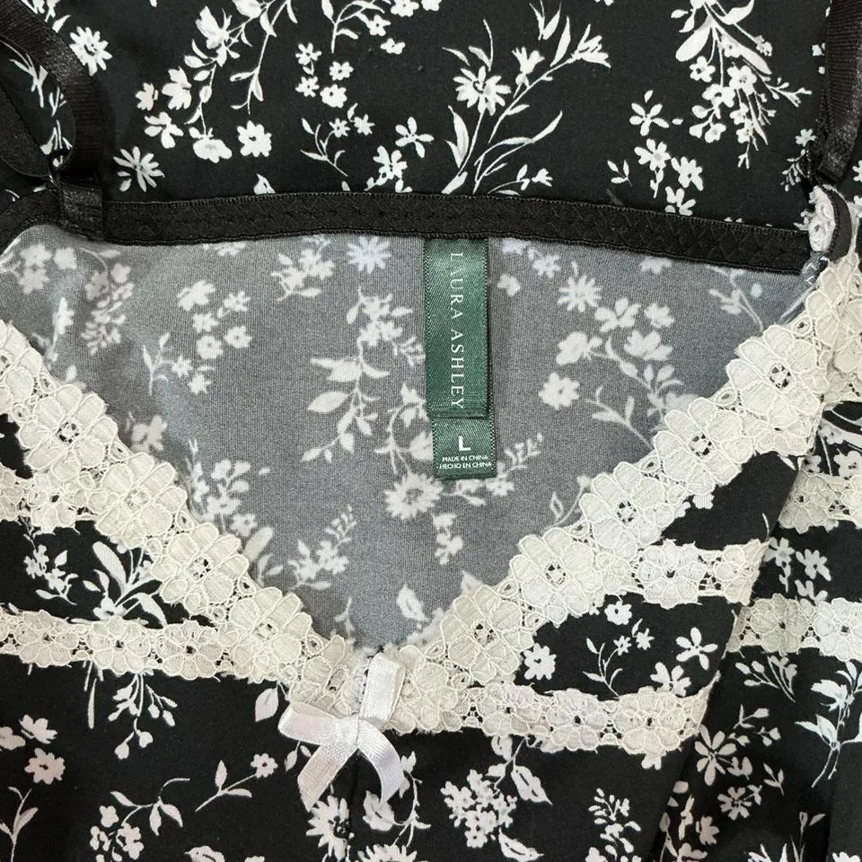 Laura Ashley Fairy Black Floral‎ Cami Top White Lace Trim Cottagecore Summer - Image 3