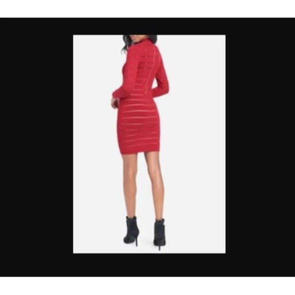 NEW Bebe Goji Berry Red Sheer Stripe Sweater Dress Sheath Bodycon Size Small - Image 5
