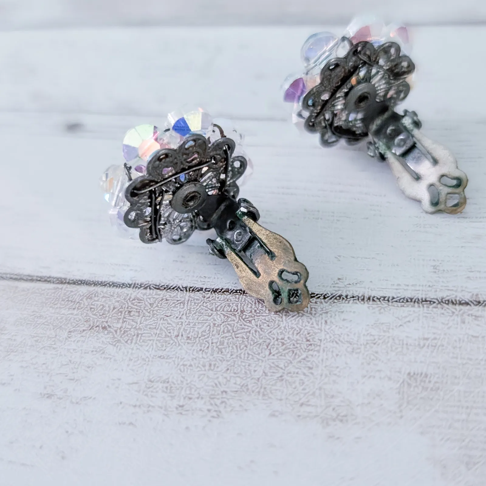 Vintage Clip On Earrings Clear/Iridescent Beaded Flower Like Cluster - Image 9