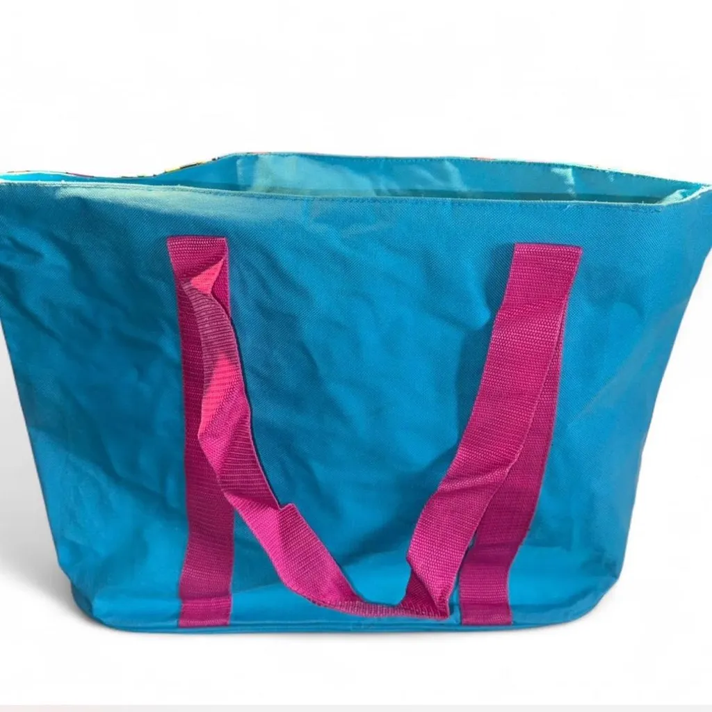 Colorful Cocktail Print Beach Tote Bag | Pink Handles | Large Summer Bag Blue - Image 2