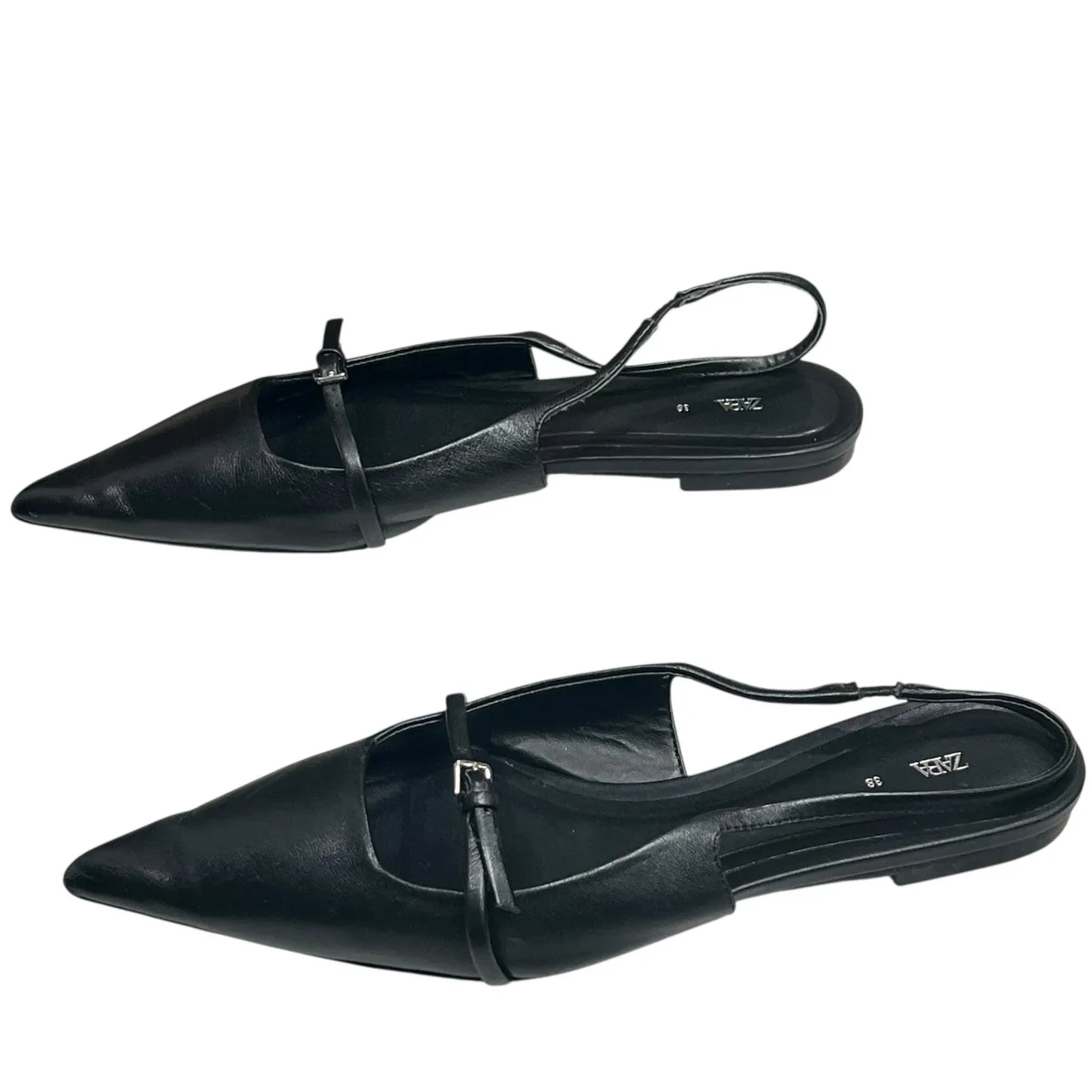 Zara Flat Sandal Womens 7.5 Black Leather Slingback Pointed Toe Buckled Strap - Image 7
