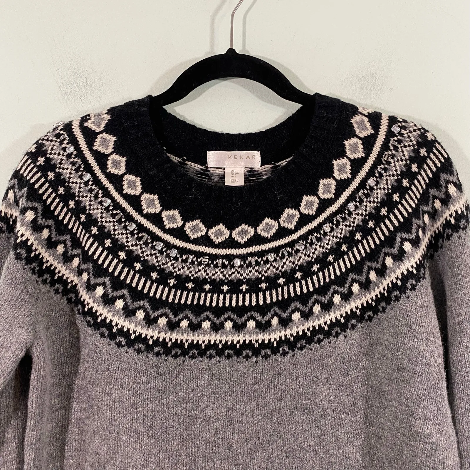 Kenar Women Black & Grey Lambswool Blend Bejeweled Fair Isle Sweater Size L NWT - Image 2