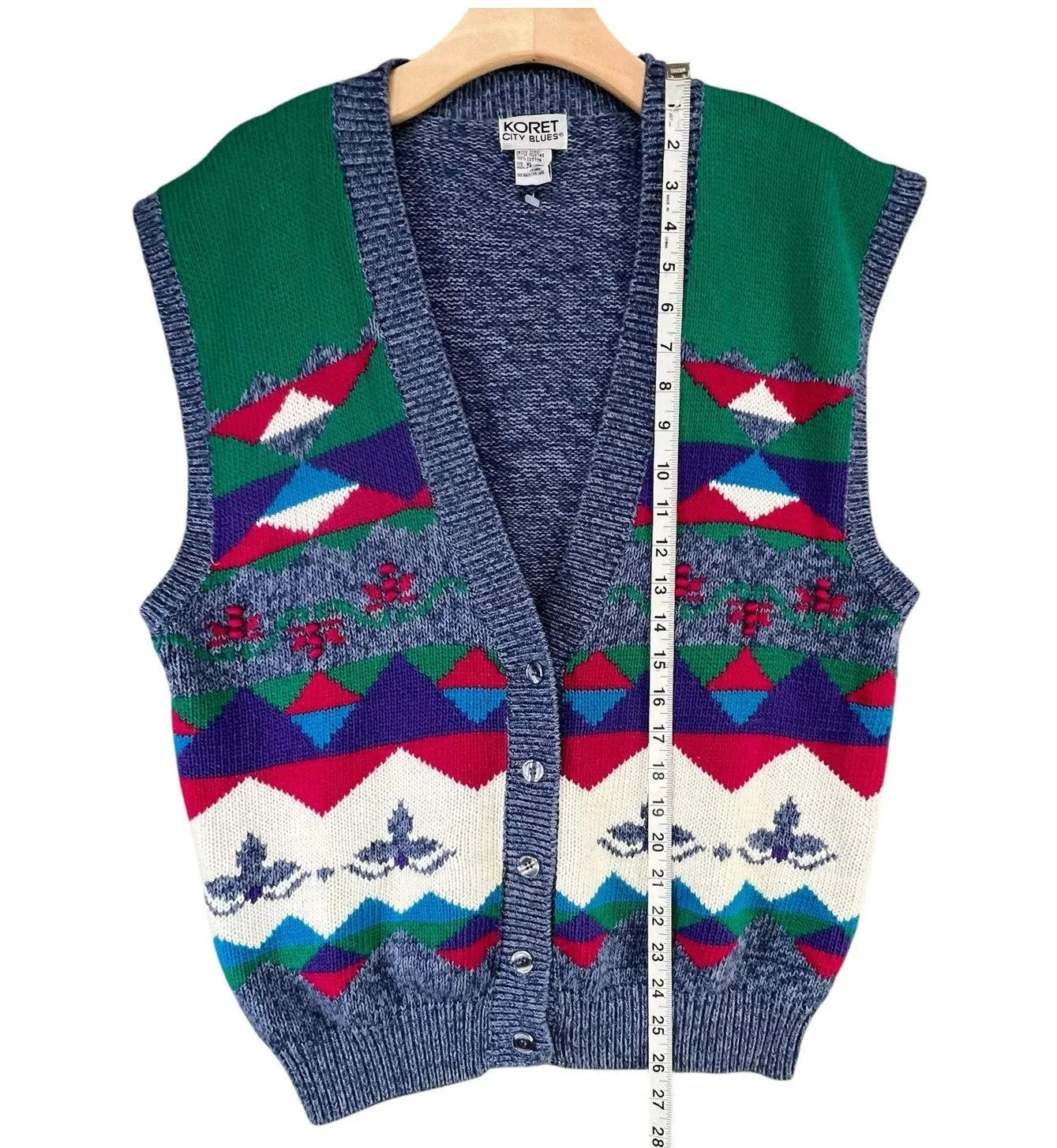 Vintage 80s Koret City Blues Sweater Vest XL Blue Geometric Retro Cottage Cabin - Image 6