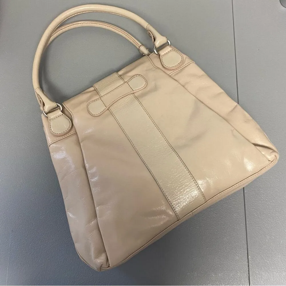 Badgley Mischka Satchel Purse Handbag Beige Tan Leather Large Bag EUC - Image 3