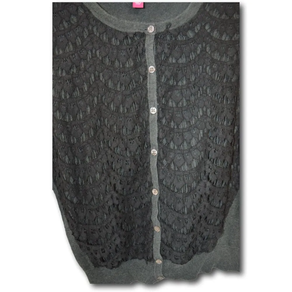 Vince Camuto Women's Cardigan Sweater – Grey with Black Lace Front – Size: M - Image 2