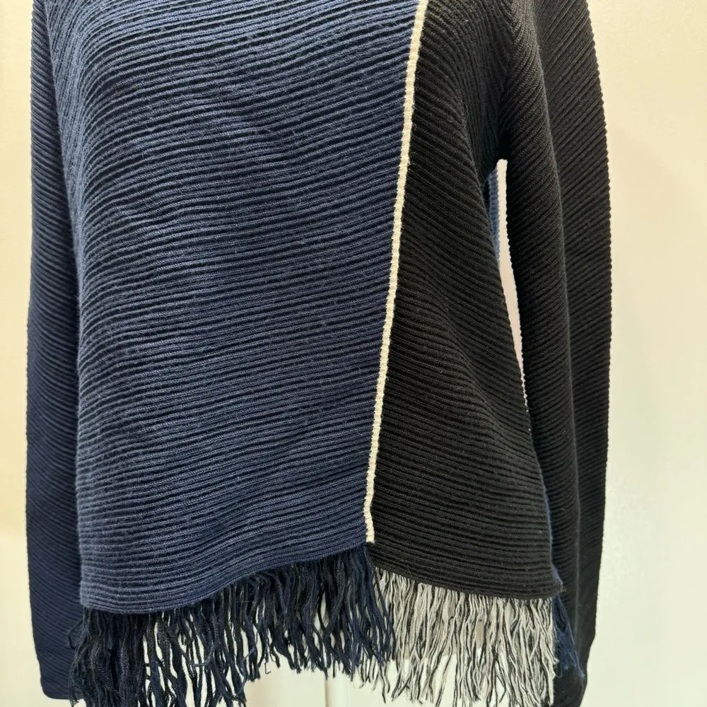 Jonathan Simkhai Blue & Black Colorblock 100% Wool Ribbed Fringed Sweater Luxury - Image 8