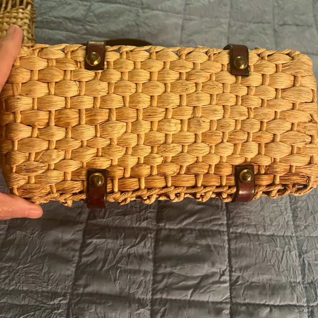 Etienne Aigner Vintage 60’s Woven Straw Leather Satchel Handbag - Image 7
