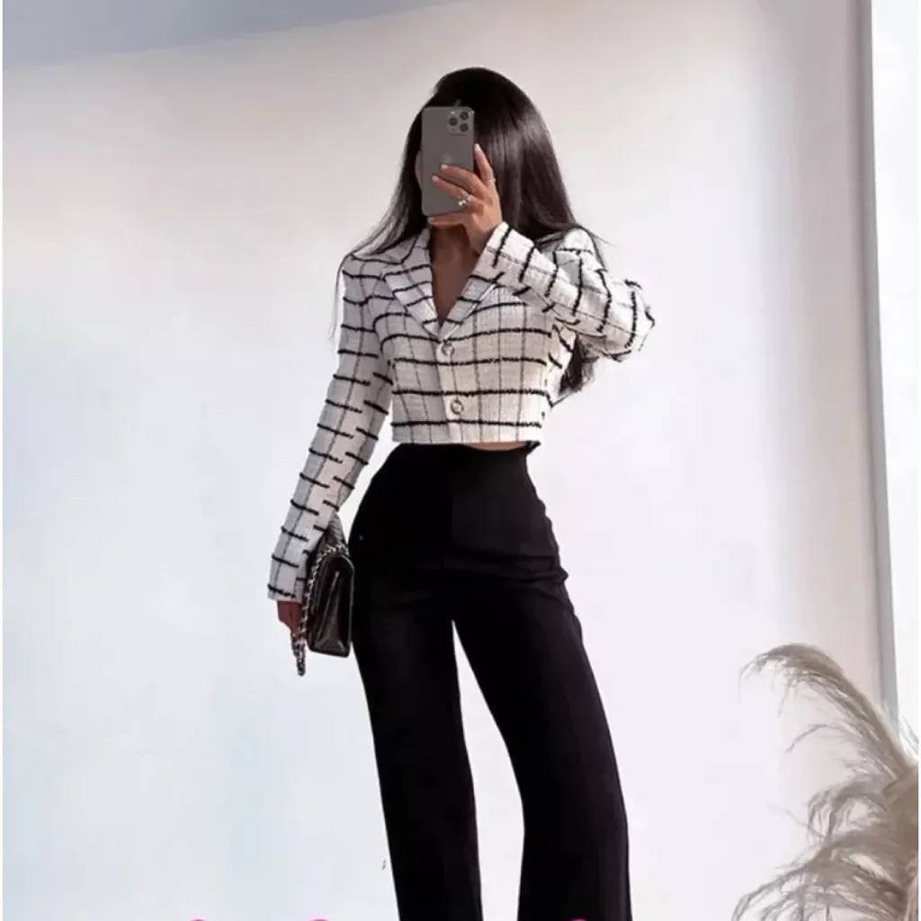 ZARA  Black and White Check Tweed Blazer and Shorts Set - Image 5