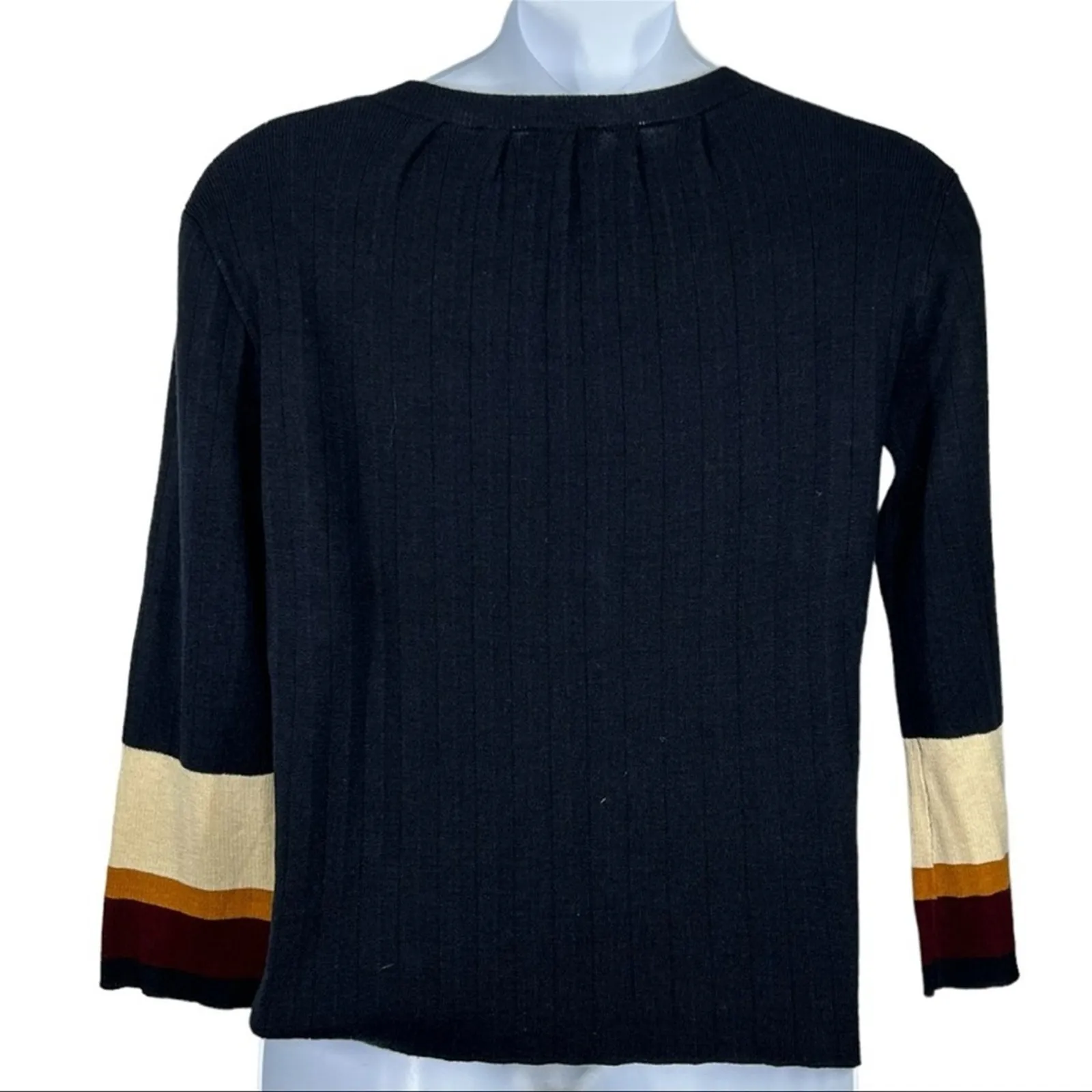 CLICHÉ Navy Wool Blend Sweater Small | Trendy Pleated Bell Sleeve Pullover Blue - Image 12