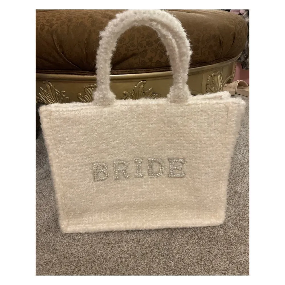 Shiraleah Hitched Collection Wedding Day Pearl Embellished "BRIDE" Boucle Tote - Image 4
