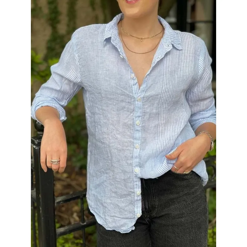 CP Shades Linen Pinstripe Romy Button Down Shirt Top Blue White Size Medium - Image 3