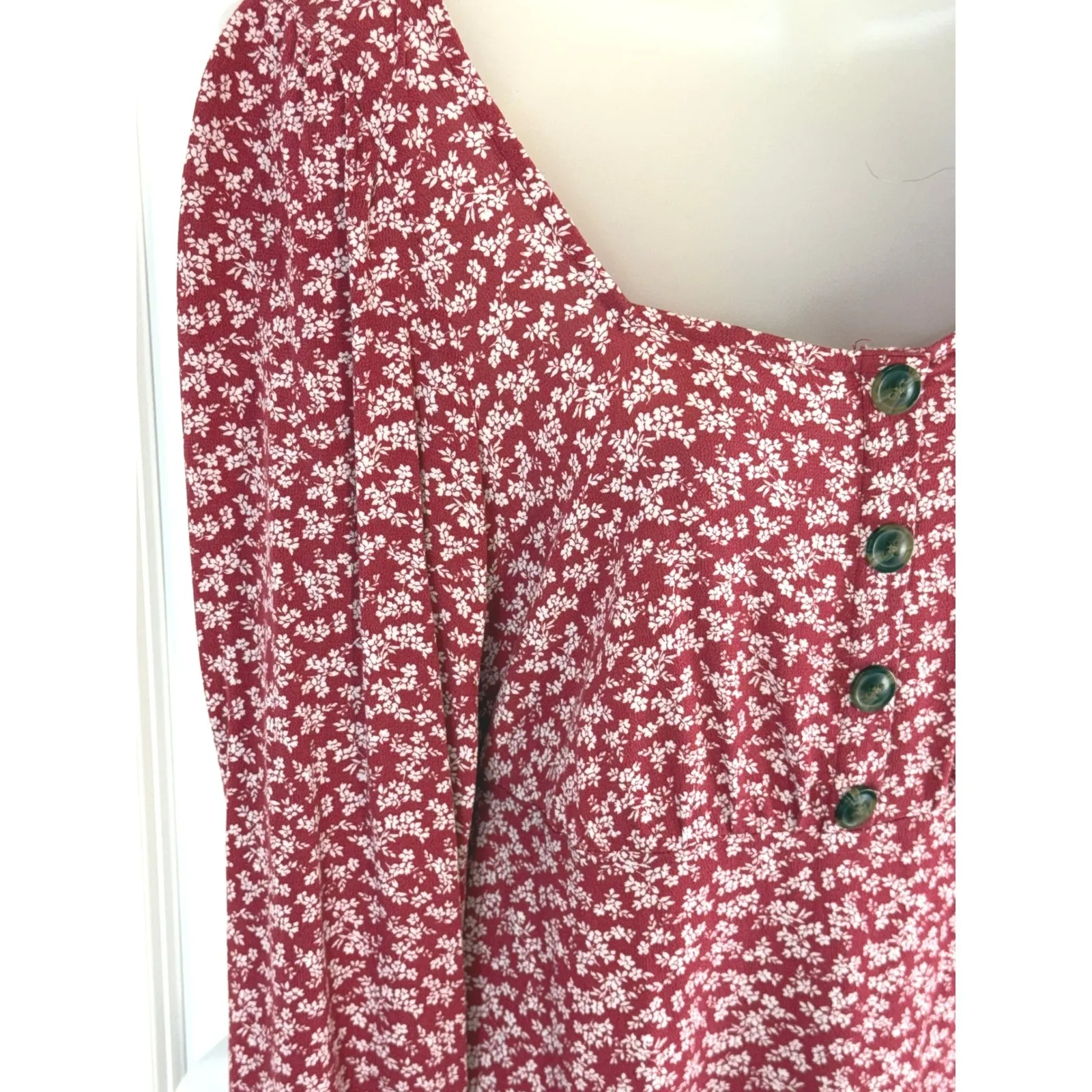 American Eagle Red Floral Print Square Neck Button Long Sleeve Mini Dress Large - Image 8