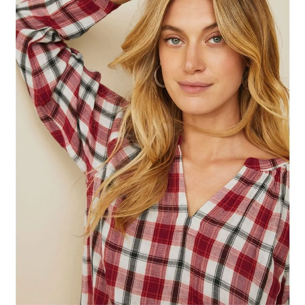 Garnet Hill‎ Organic-Cotton Plaid Popover Medium NWT  Red Black Cream - Image 2