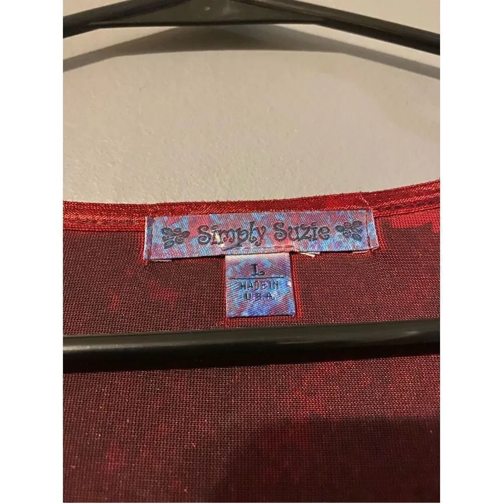 Simply Suzie Shirt Womens Large Faux Velvet Floral Bling Peasant Boho L Red - Image 3