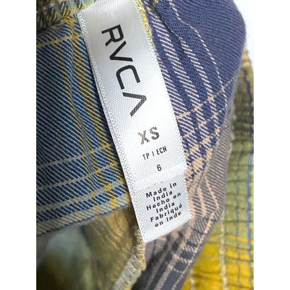 RVCA Shorts Blue Yellow Plaid Pockets Elastic Waist Drawstring Pull On Women XS - Image 5