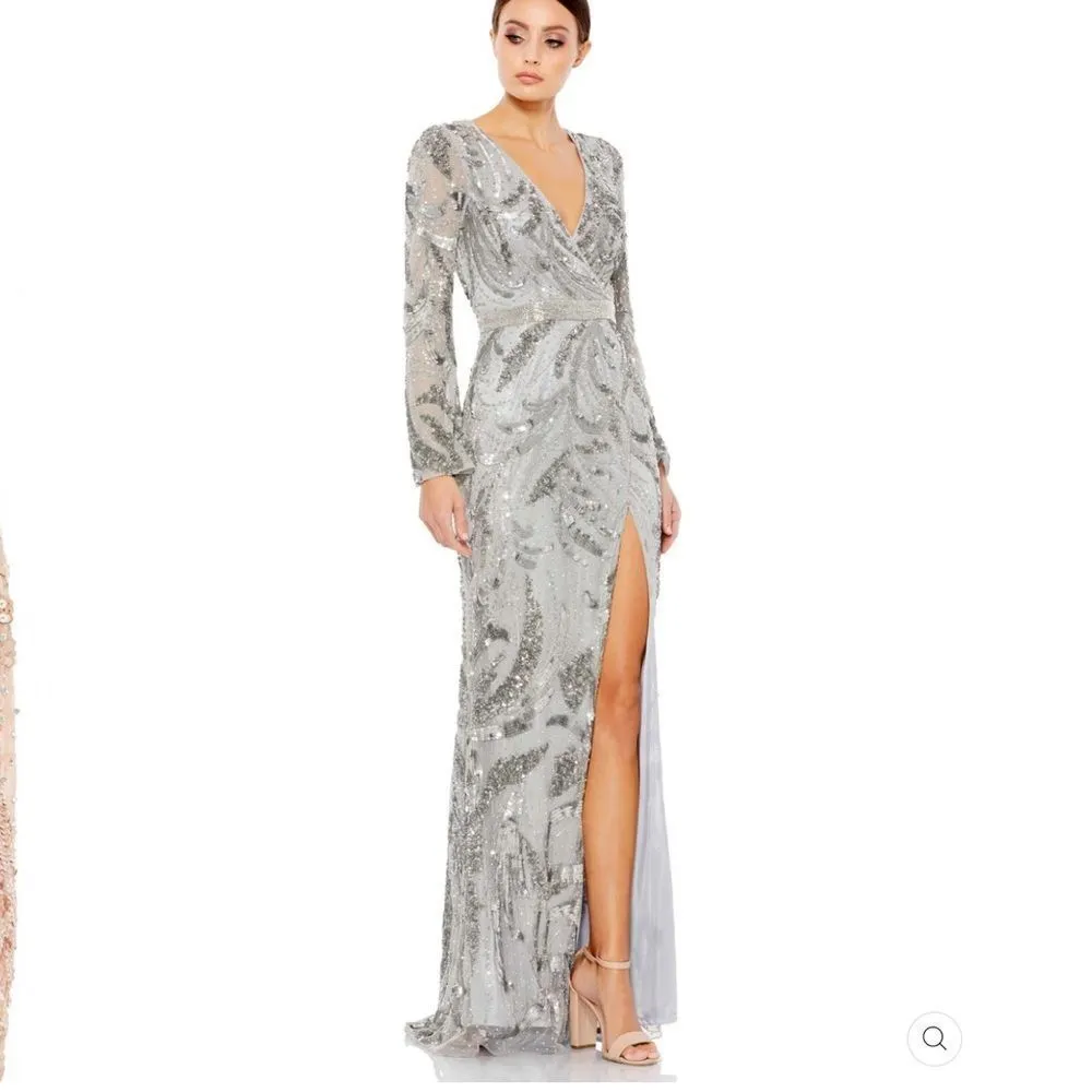 Mac Duggal 20263 Womens Silver SEQUINED FAUX WRAP SPLIT LONG SLEEVE GOWN Dress - Image 3