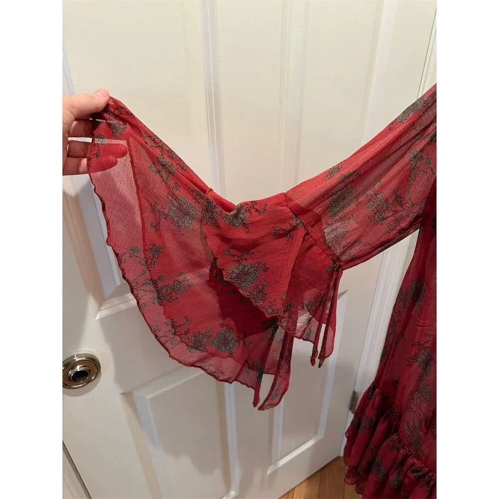Free People Red Floral Tiered Sheer Mini Dress with Slip Size PS - Image 3