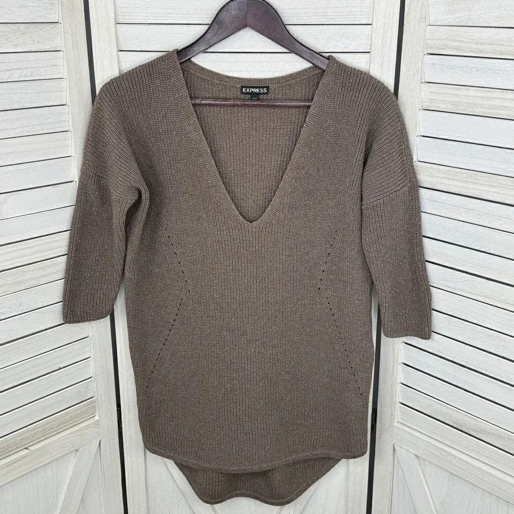 Express Deep V Neck Metallic Thread‎ Tunic Sweater Taupe Brown Copper Small - Image 7