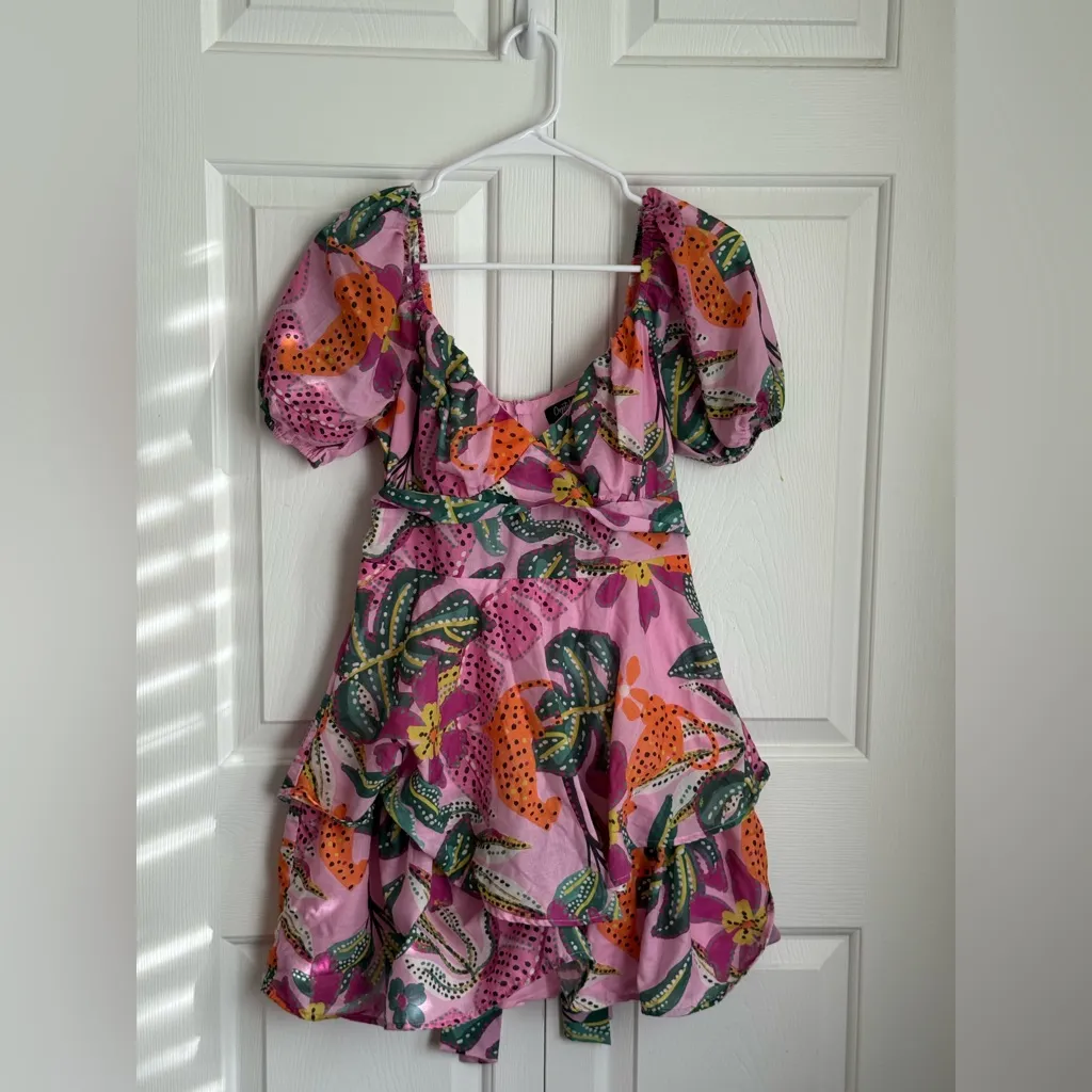 Floral Pink Mini Dress with Ruffle Hem Size M - Image 2