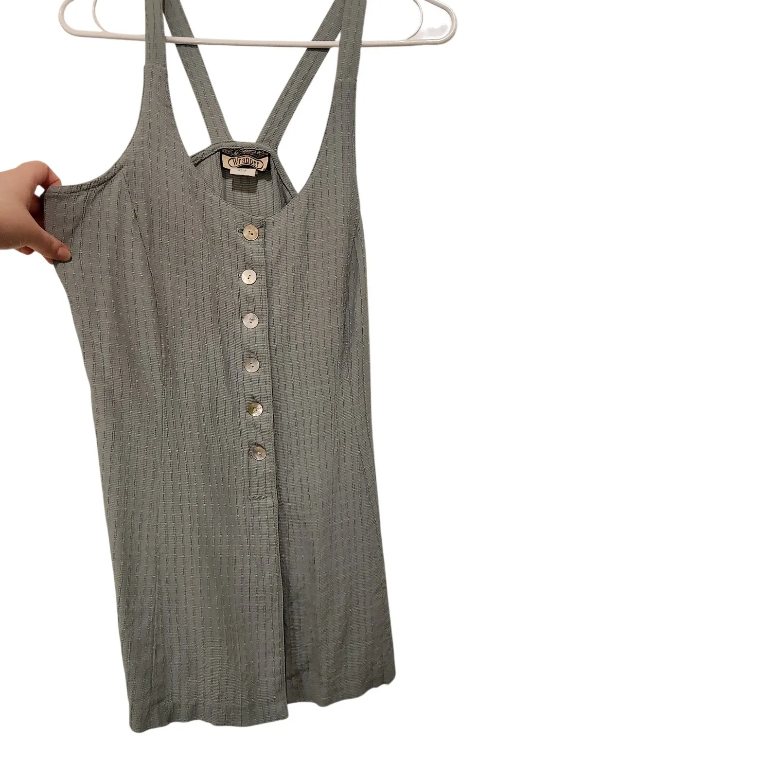 Vintage Wrapper Blue Textured Button Down Tank Mini Tunic Pinafore Dress Medium - Image 8