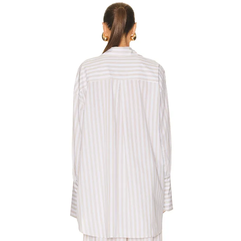 Helsa Cotton Poplin Striped Oversized Button Front Shirt Top Beige Stripe OS - Image 8