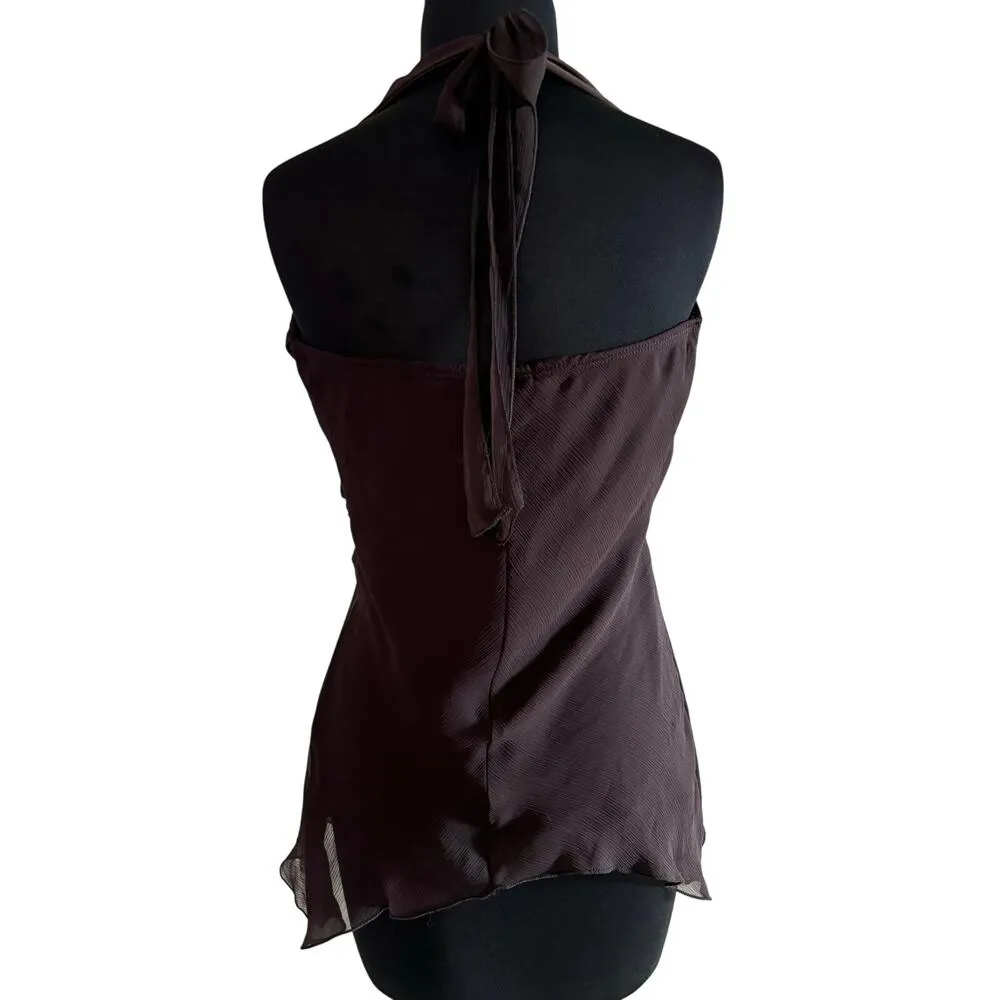 Cache Brown Ruched Plunging V Beaded Encrusted Halter Top M/L New Lined NWT $88 - Image 3