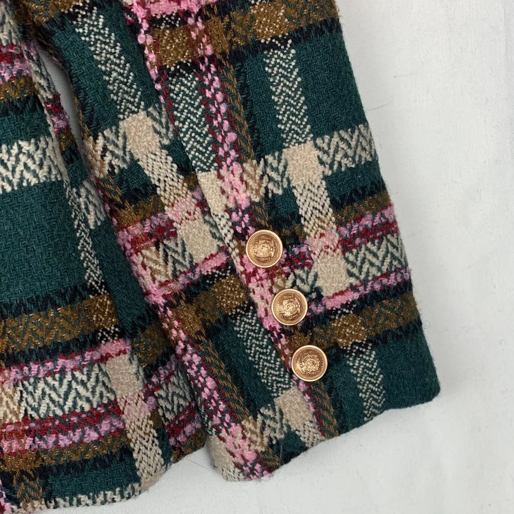 Fate size small blazer tweed Green Pink Textured Jacket plaid double breasted - Image 10