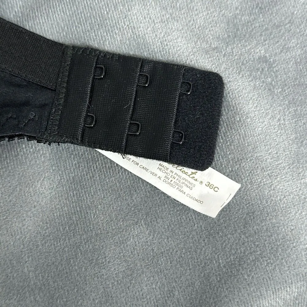 Vintage Delicates Bra 36C Black Lace Unlined Underwire Stretch Satin Sexy Retro - Image 11