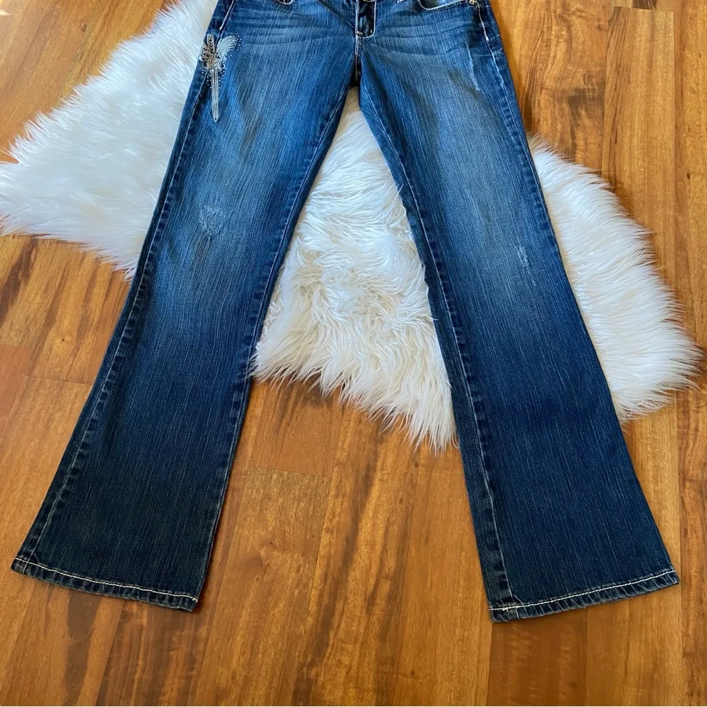 Y2k Adiktd Embroidered Angel Wings Jeans Blue Size 28 - Image 4