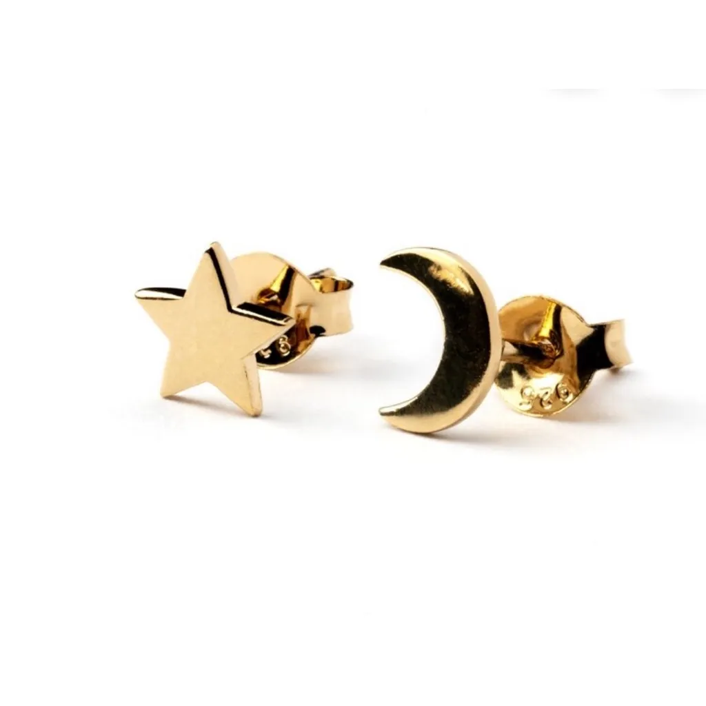 NEW Unisex Asymmetric Gold‎ Plated S925 Moon and Star Stud Earrings - Image 8