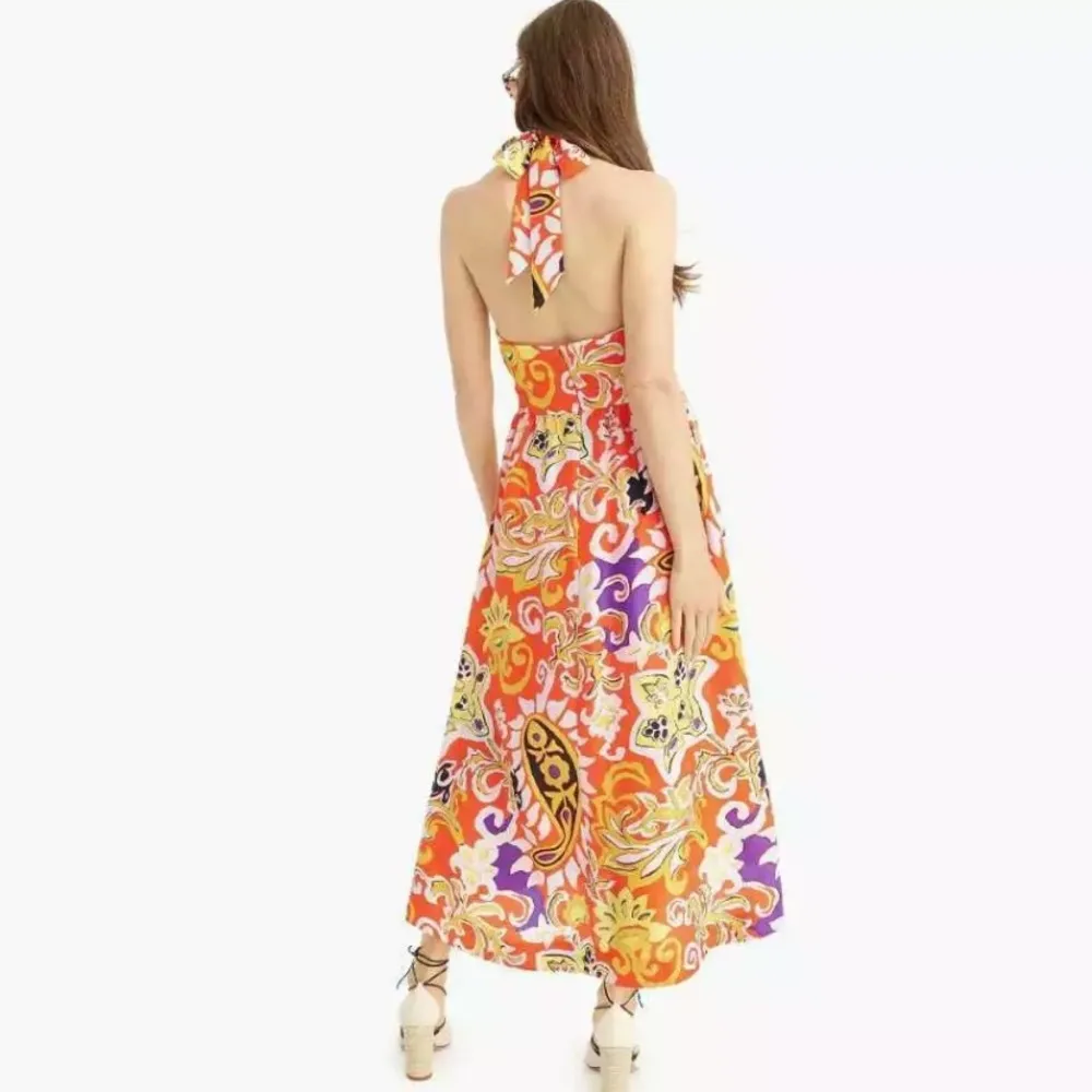 J Crew Silk Maxi Sarong Dress in Painted Paisley Orange Size 0 - Image 4