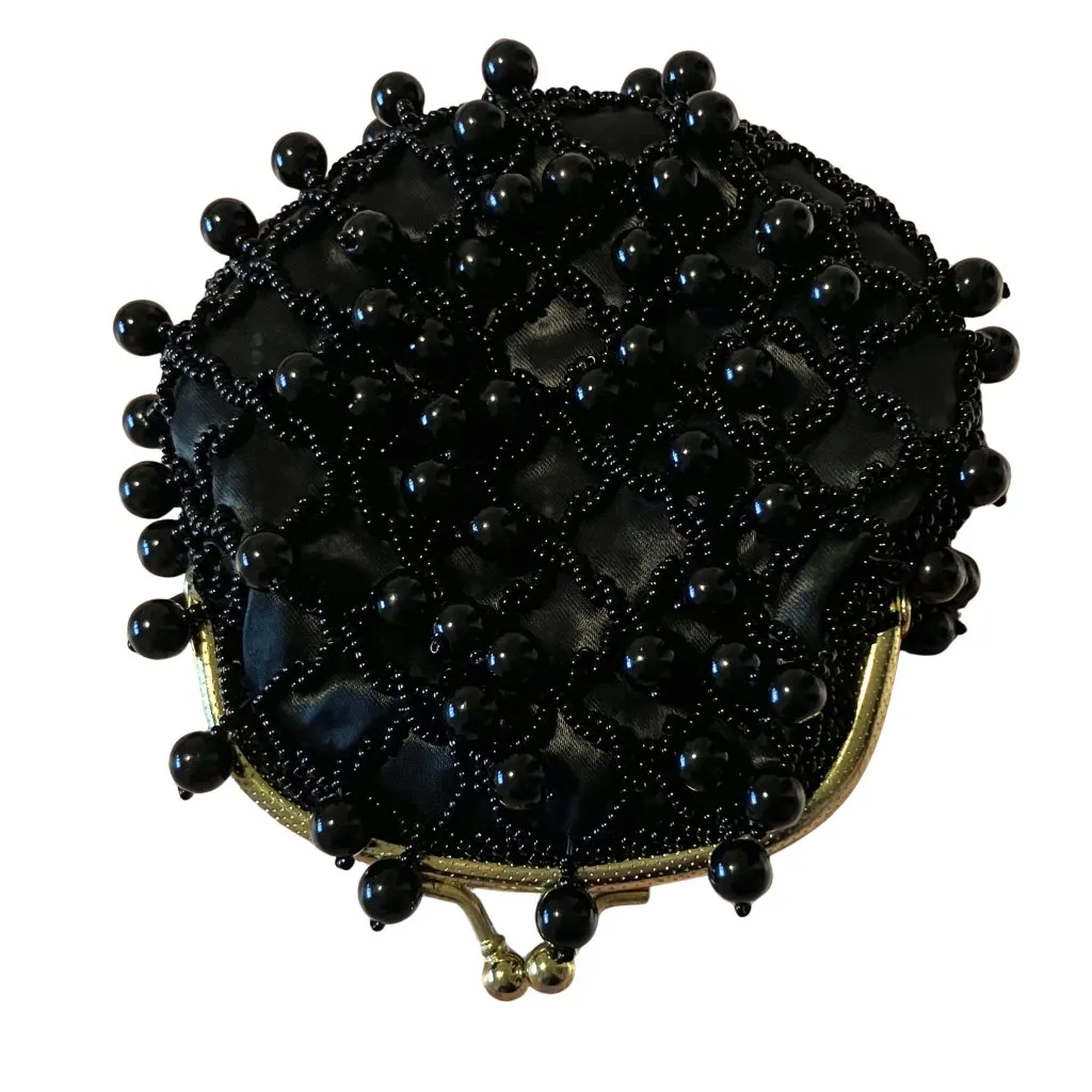 Vintage 60s Black Beaded Coin Purse Handmade Hong Kong Evening Bag Retro Mod MCM - Image 2