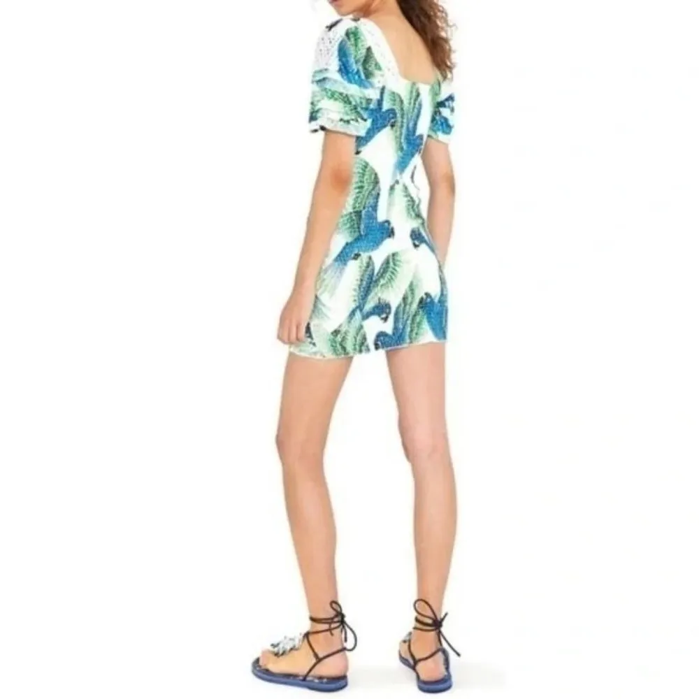 Farm Rio Araras Mini Dress White Blue Parrot Smocked Dress M - Image 27