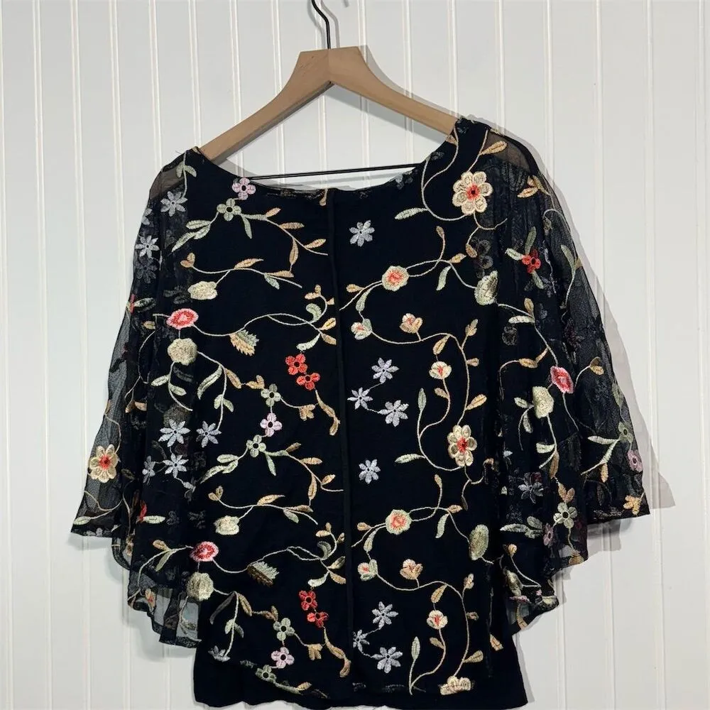 Ariella‎ Mesh Embroidered Floral Overlay Top Cape Sleeve Made in USA Size M - Image 4