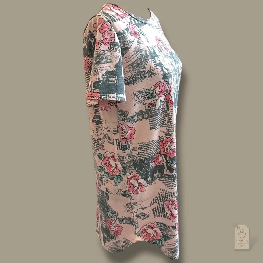 Coco Kelly Floral Newsprint Tunic Top Pink Green Rose Print Made in USA Sz L Size L - Image 3