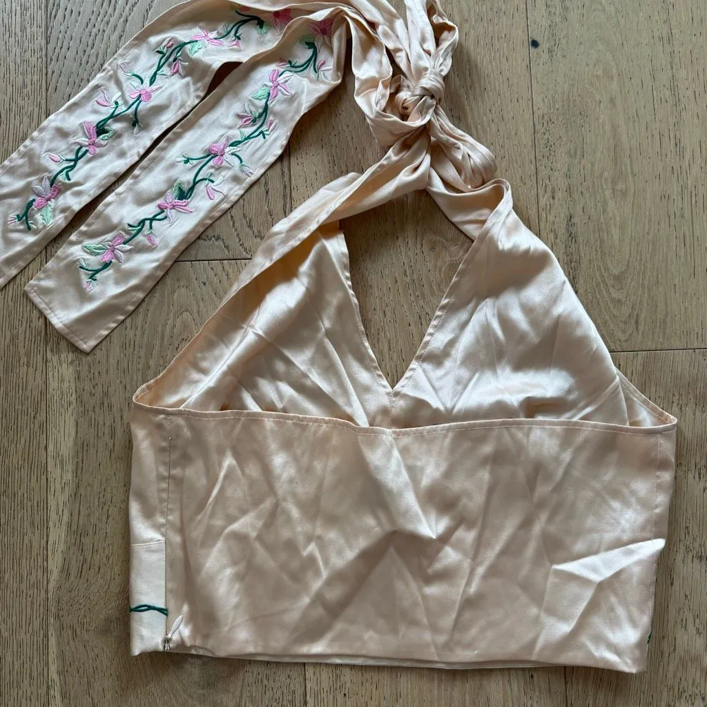Vintage 92% Silk Y2K Coquette Embroidered Pink Halter Top Medium Floral Romantic - Image 6