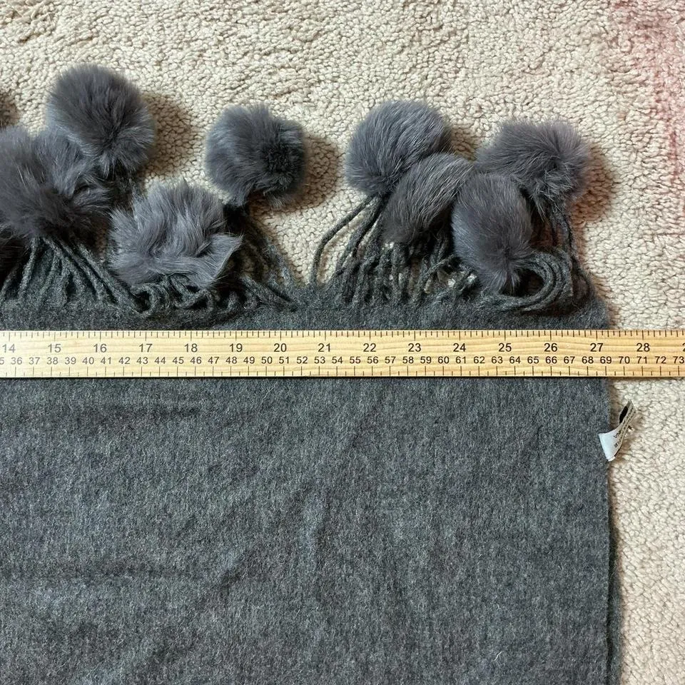 Luxury Grey Wool Fur Blend Scarf with Pom Pom Tassels - Image 4