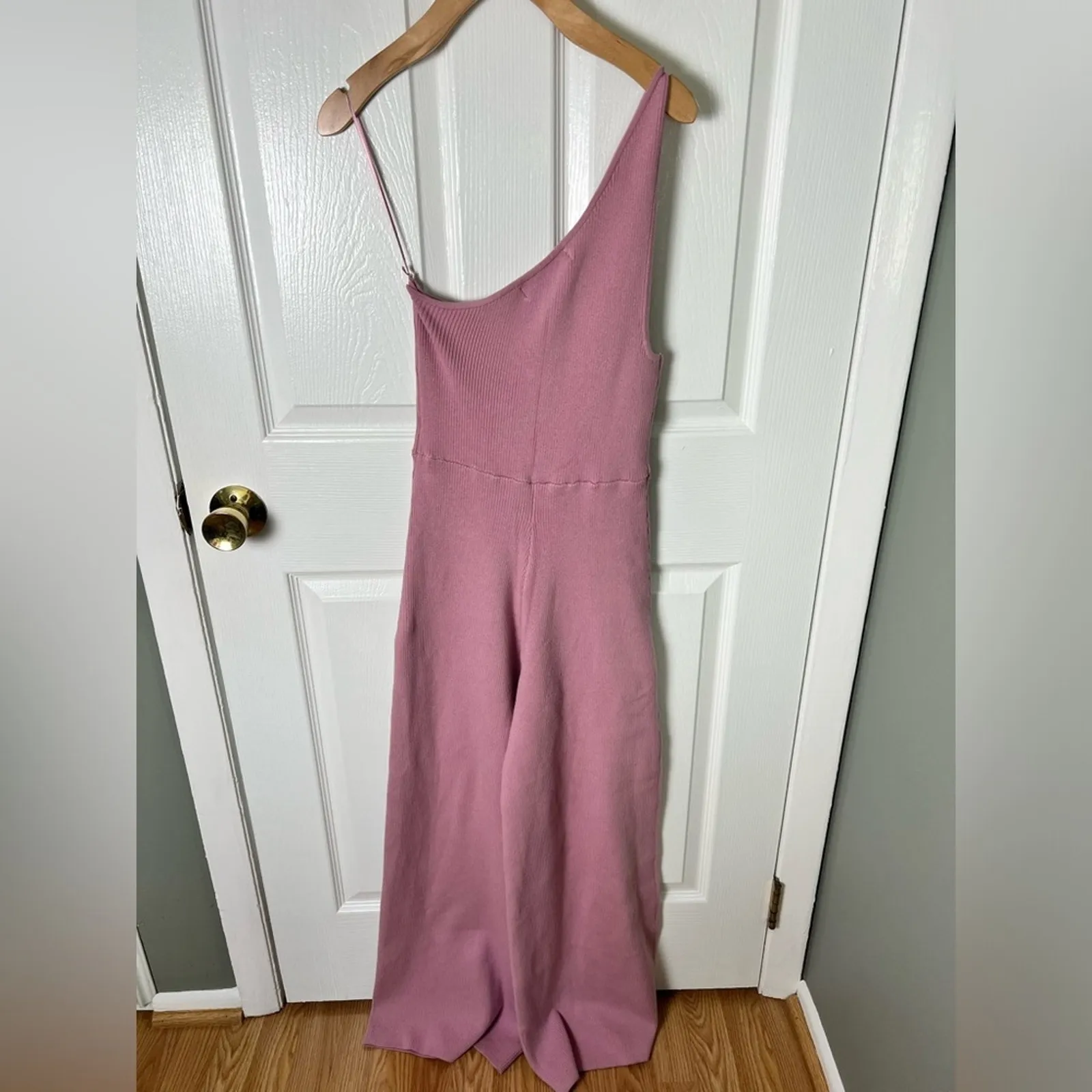 Free People Pink Cotton Blend One Shoulder Ribbed Waverly Sweater Jumpsuit S - Image 6