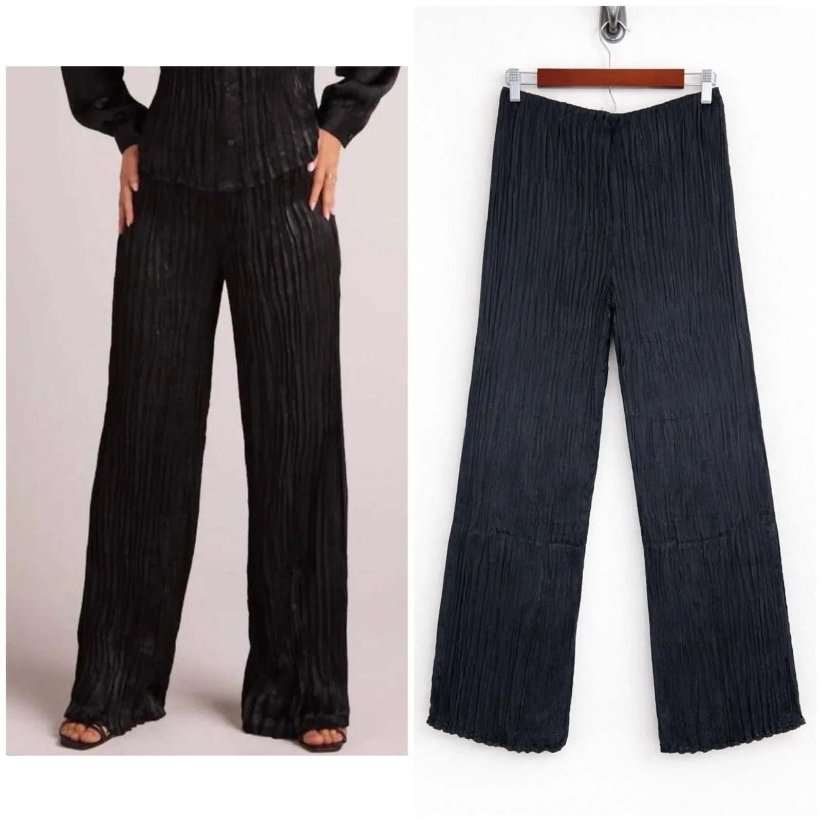 Bella Dahl Black Pleated Silky Finish Wide Leg Pants Women’s SZ M Elastic Waist - Image 5