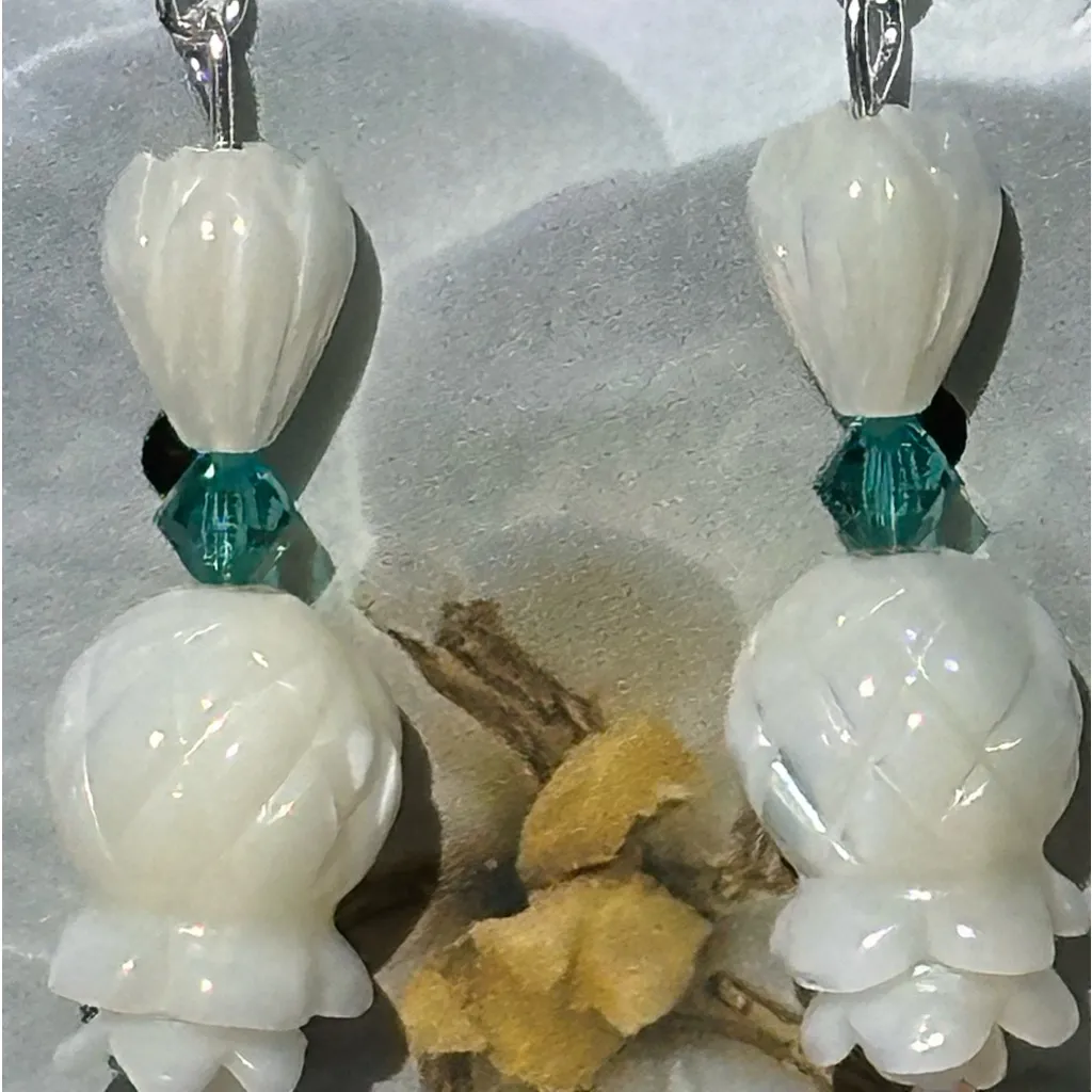 Hand Carved Mother of Pearl Shell Pikake Flower Pineapple Threader Earrings - Image 4