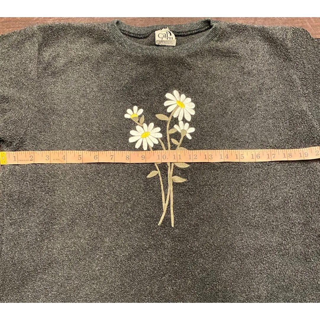 Vintage Y2K Cal Cru Terry Knit Embroidered White Daisies Crew Neck Made USA L/XL Gray - Image 5