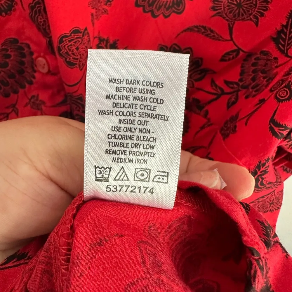 Roamans Blouse 18W Red Black Floral Button Front Long Sleeve Shirt Romantic Bold - Image 6