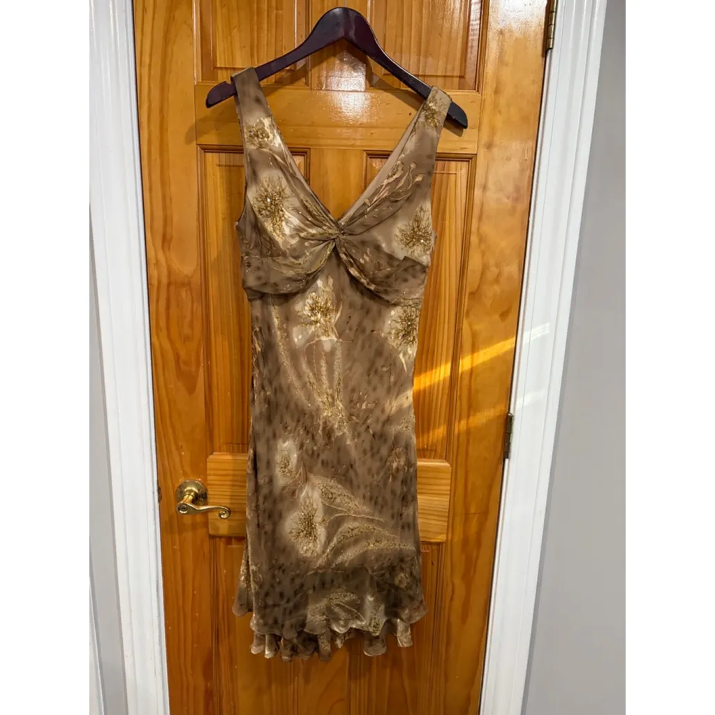 Vintage Morrell Maxie Beaded Silk Blend Brown Gold Cocktail Evening Dress 14 - Image 2