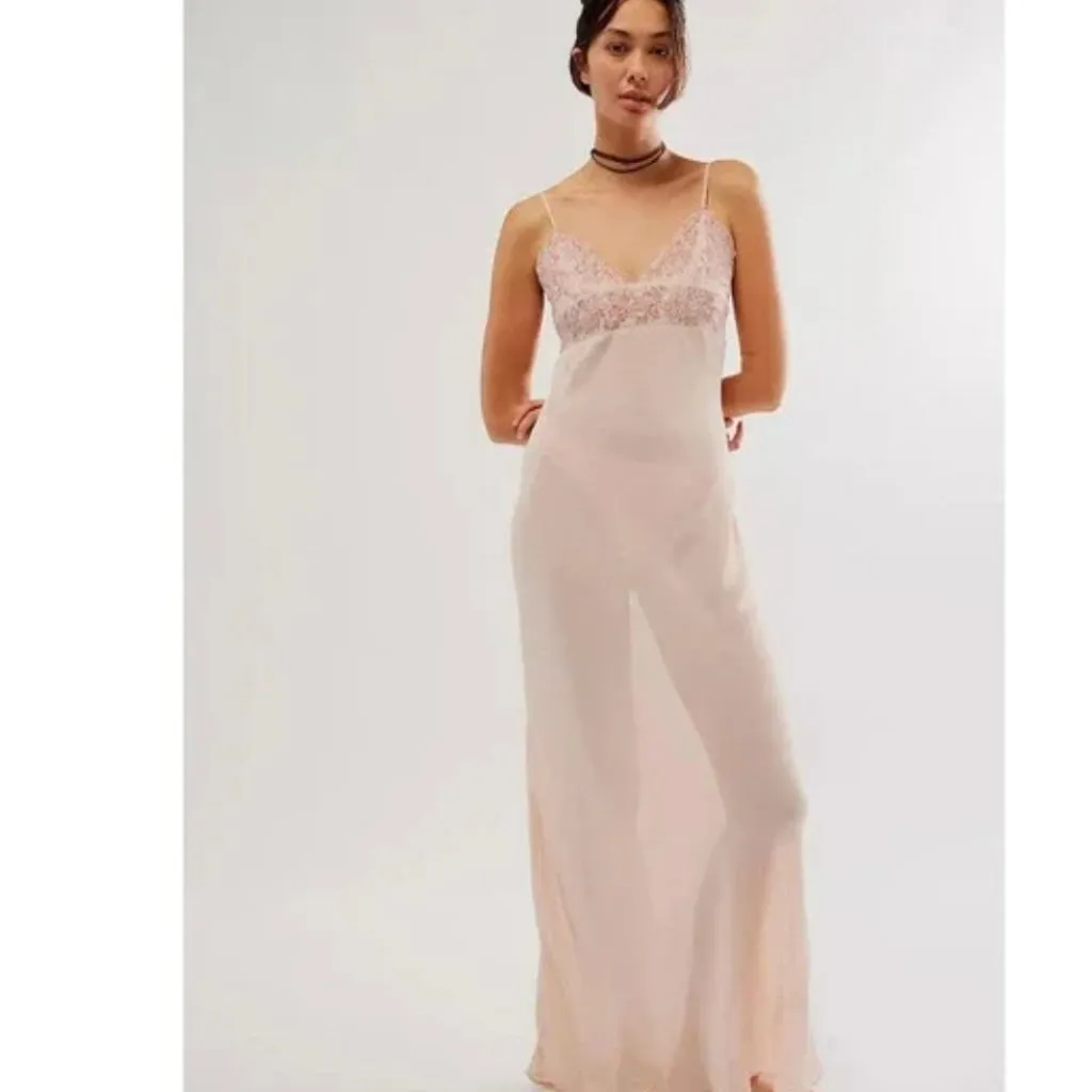 New Free People Midnight Magic Maxi Slip Dress  Pink Beaded Lace Trim - Image 6