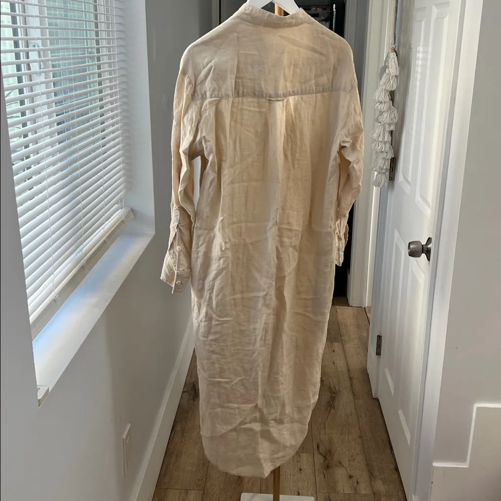 Emerson Fry Midi 100% Linen Shirtdress Button Down in Beige Almond XS $248 Tan - Image 5