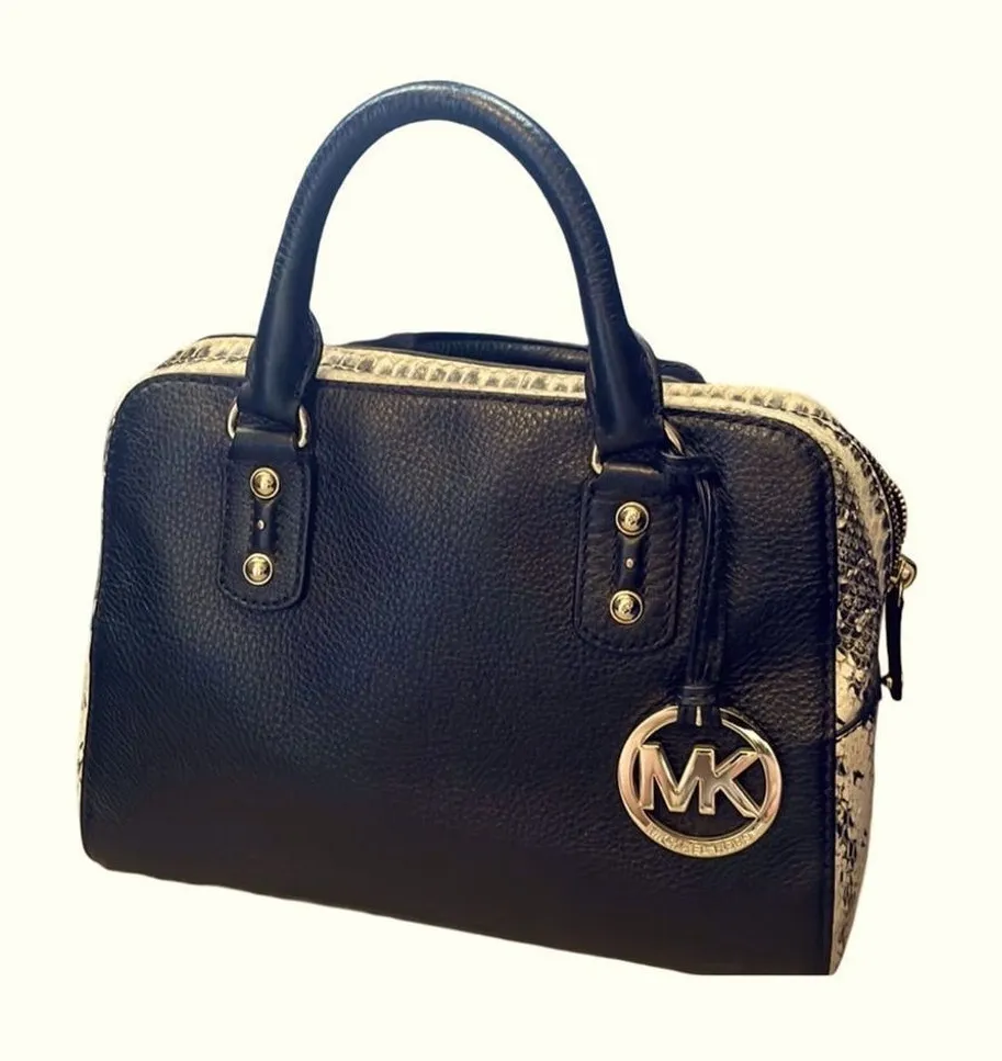 MICHAEL Michael Kors Black Pebbled Leather & Faux Python Bowler Satchel - Image 1