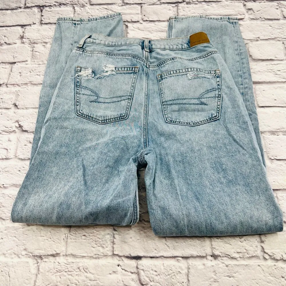 AMERICAN EAGLE Highest Rise Baggy Straight Jeans 8 Long Light Wash Destroyed - Image 11